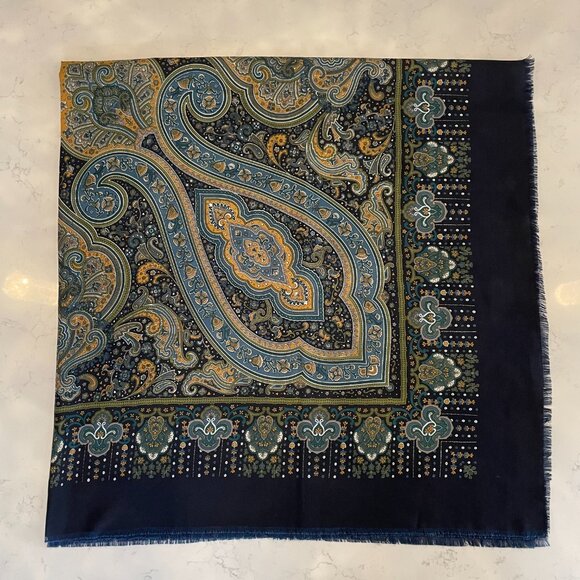 Vintage Paisley Print 100% Polyester Scarf Made in Italy Blue Grn Gold Wht OS - Picture 5 of 8